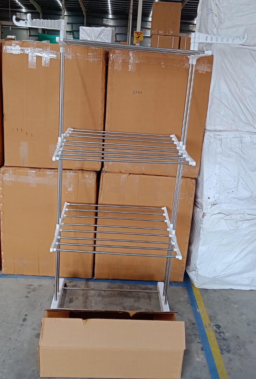 3-Tier Foldable Stainless Steel Cloth Drying Stand with Wheels 3-Tier Foldable Stainless Steel Cloth Drying Stand with Wheels